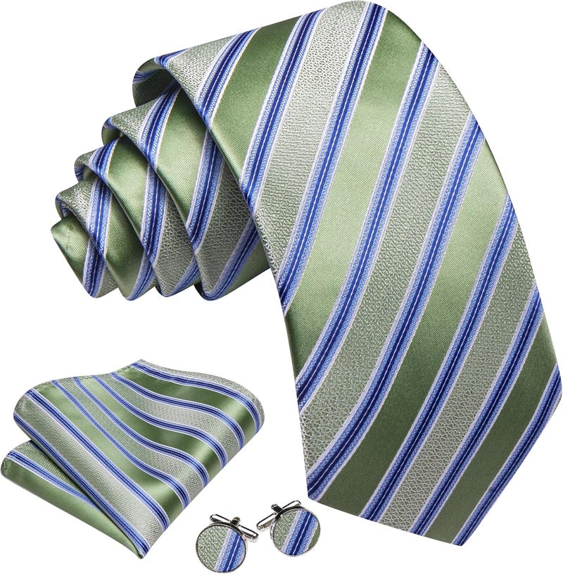 Barry.Wang Store Tie Sets for Men Silk Stripe Necktie Woven Checkered Handkerchief Cufflinks Formal Business Wedding - Image 2